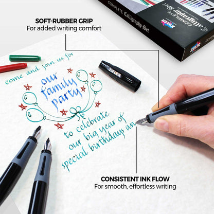 Zieler Calligraphy Pen Set - Complete 3 Pen 17-piece Calligraphy Writing Set - Free-Flowing Pens with Soft Rubber Finger Grip - Suitable for All Levels