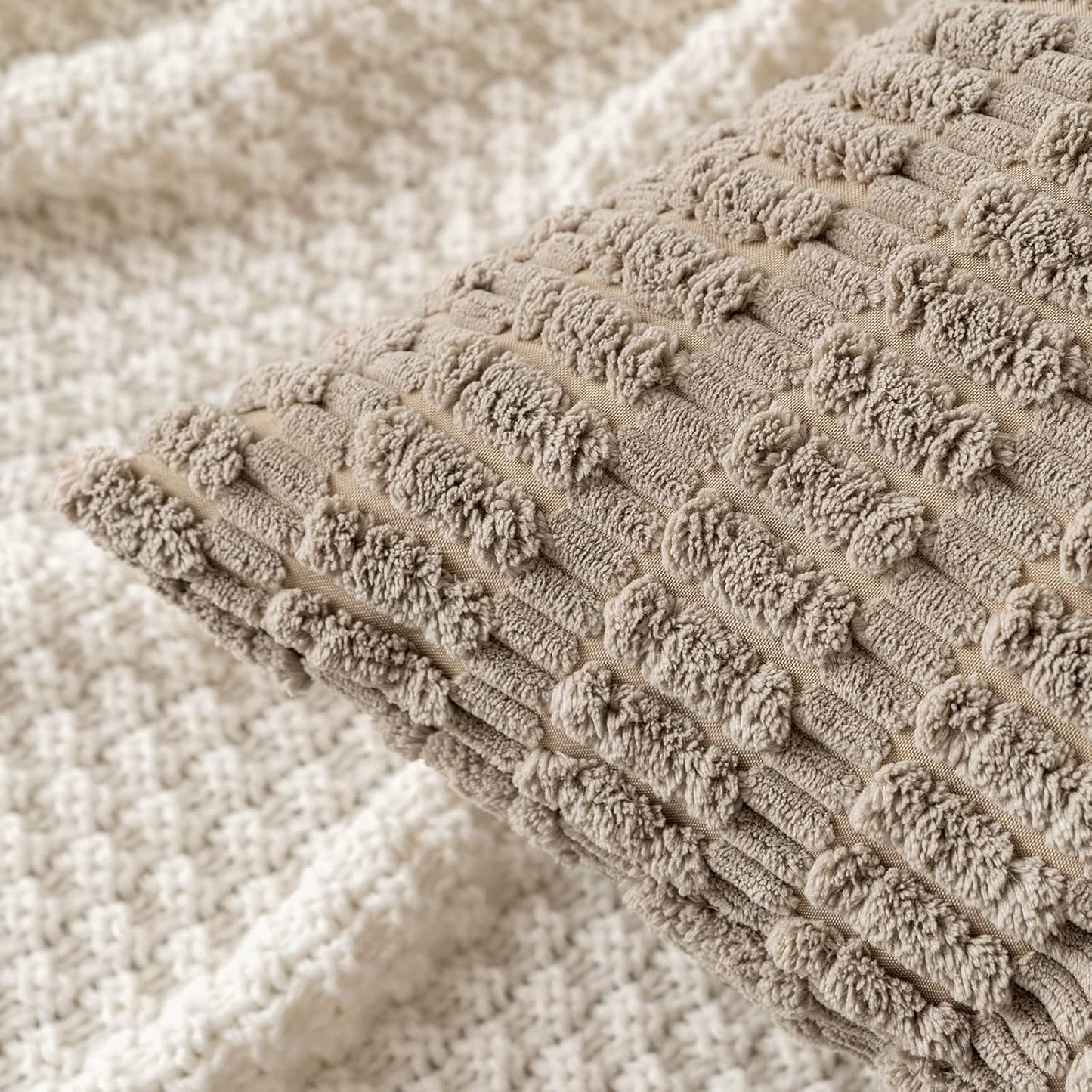 MIULEE Corduroy Throw Pillow Covers - Soft Boho Striped Design | 18x18 Inch Light Brown for Modern Home Decor