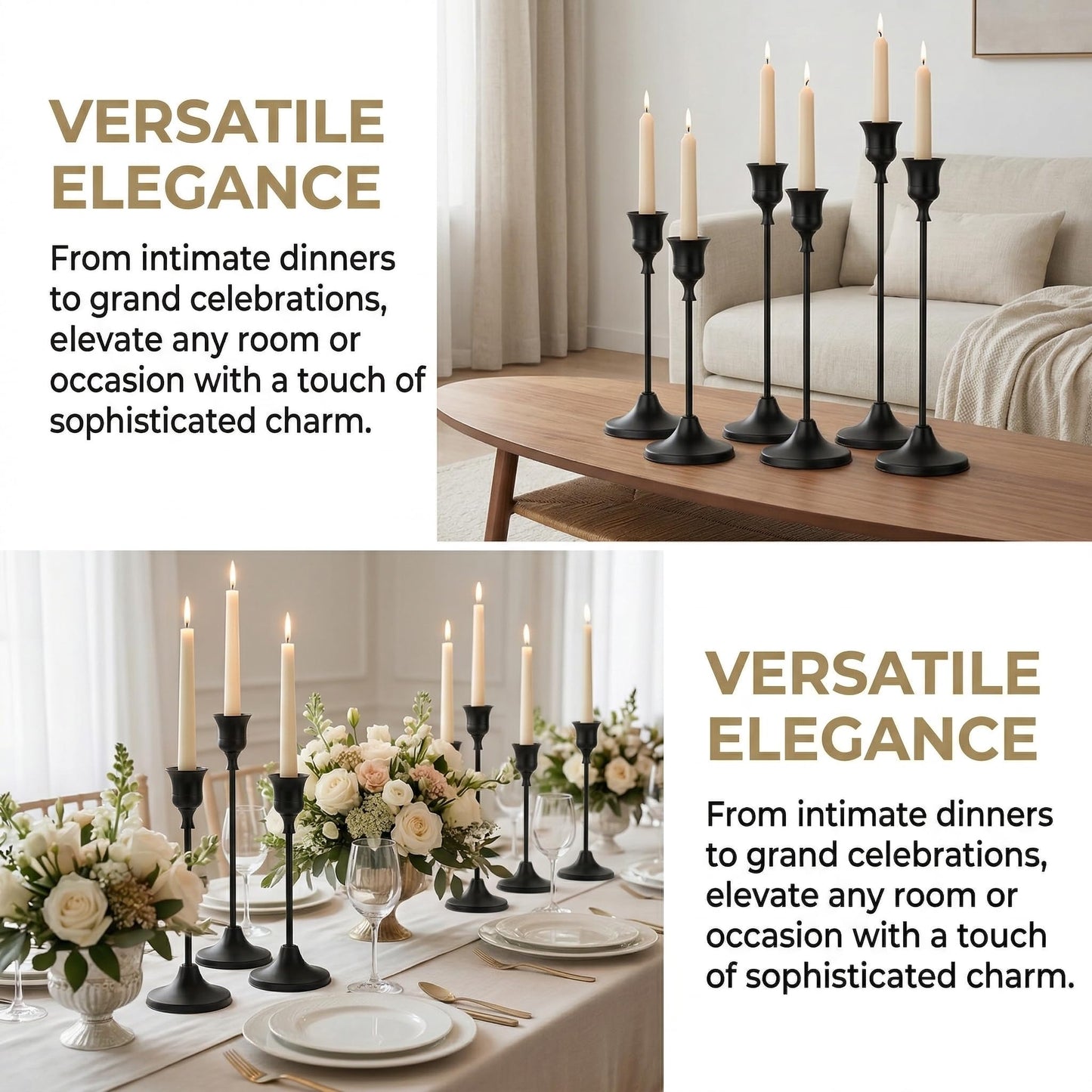 Oakernel Black Taper Candle Holders 4 Sets(12 Pcs) - Tall Metal Candlestick Holders for Table Centerpiece, Formal Dinner, Wedding, Fireplace Mantel Decor, Fits 3/4 Inch Thick Candles