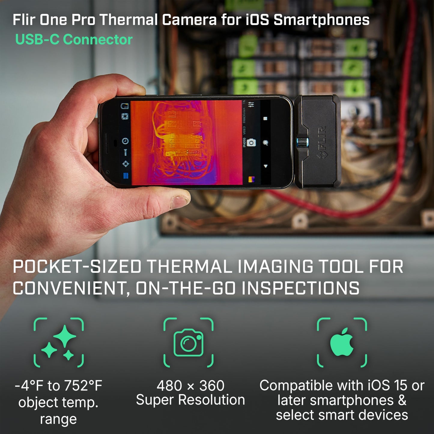 Flir One Pro - Thermal Imaging Camera for iOS Smartphones (iPhone 15 and Newer w/USB-C), 480x360 Super Resolution (160x120 Native IR)