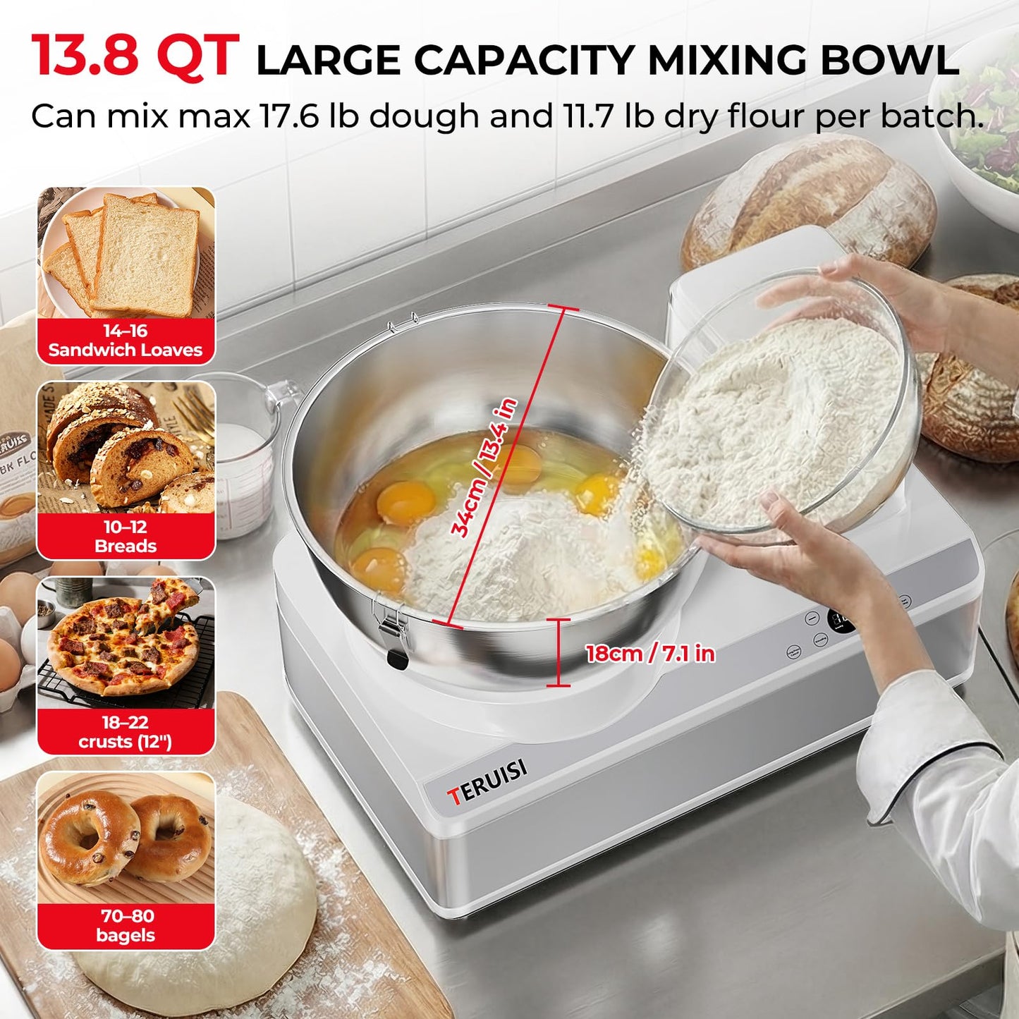 TERUISI Commercial Dough Mixer, 13.8QT Electric Dough Maker with LED Display Timer Ferment Function, Countertop Bread Mixer Kneading Machine with Stainless Steel Removable Bowl for 18LBS Flour Pizza