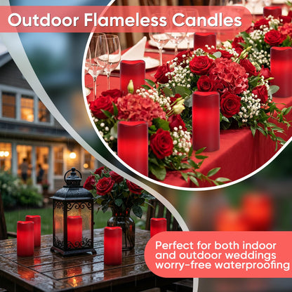 Amagic 3"x6" Red Flameless Candles with Remote, Christmas Candles Battery Operated with Timer, Waterproof LED Pillar Candles for Thanksgiving Table, Home, Outdoor Decor, Plastic, Set of 6