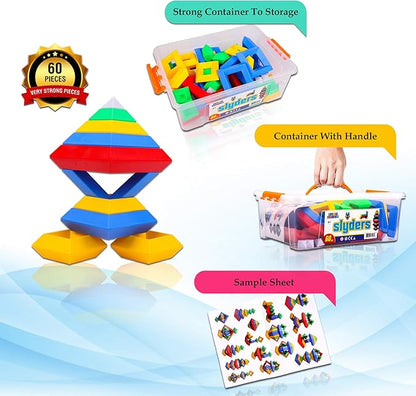 Slyder Set: 60 Pieces 3D Pyramid Building Blocks Geometric Stacking Toys for Kids Ages 4+ - Creative Early Childhood STEM Educational Toys for Preschool Boys and Girls