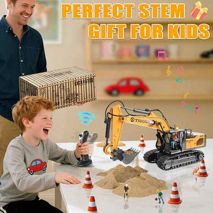 Remote Control Excavator for Boy 6 7 8 9 Years Old 2.4 GHz Gravity Controlled Excavator Toys with Lights Sound Rechargeable 11 CH RC Construction Vehicles Metal Shovel Gifts for Kids 6-12 Year Old