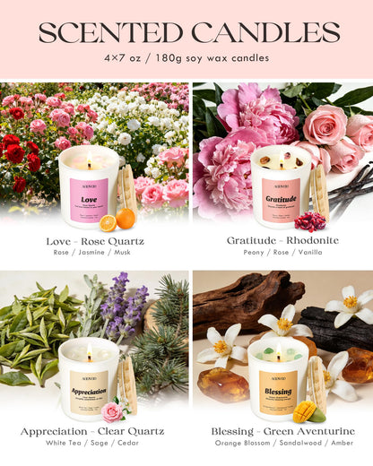 AOOVOO Fathers Day Candles Set for Dad - 4 Pack Candles for Home Scented, Aromatherapy Candle with Crystals, Gratitude Rhodonite/Appreciation Clear Quartz/Blessing Aventurine/Love Rose Quartz