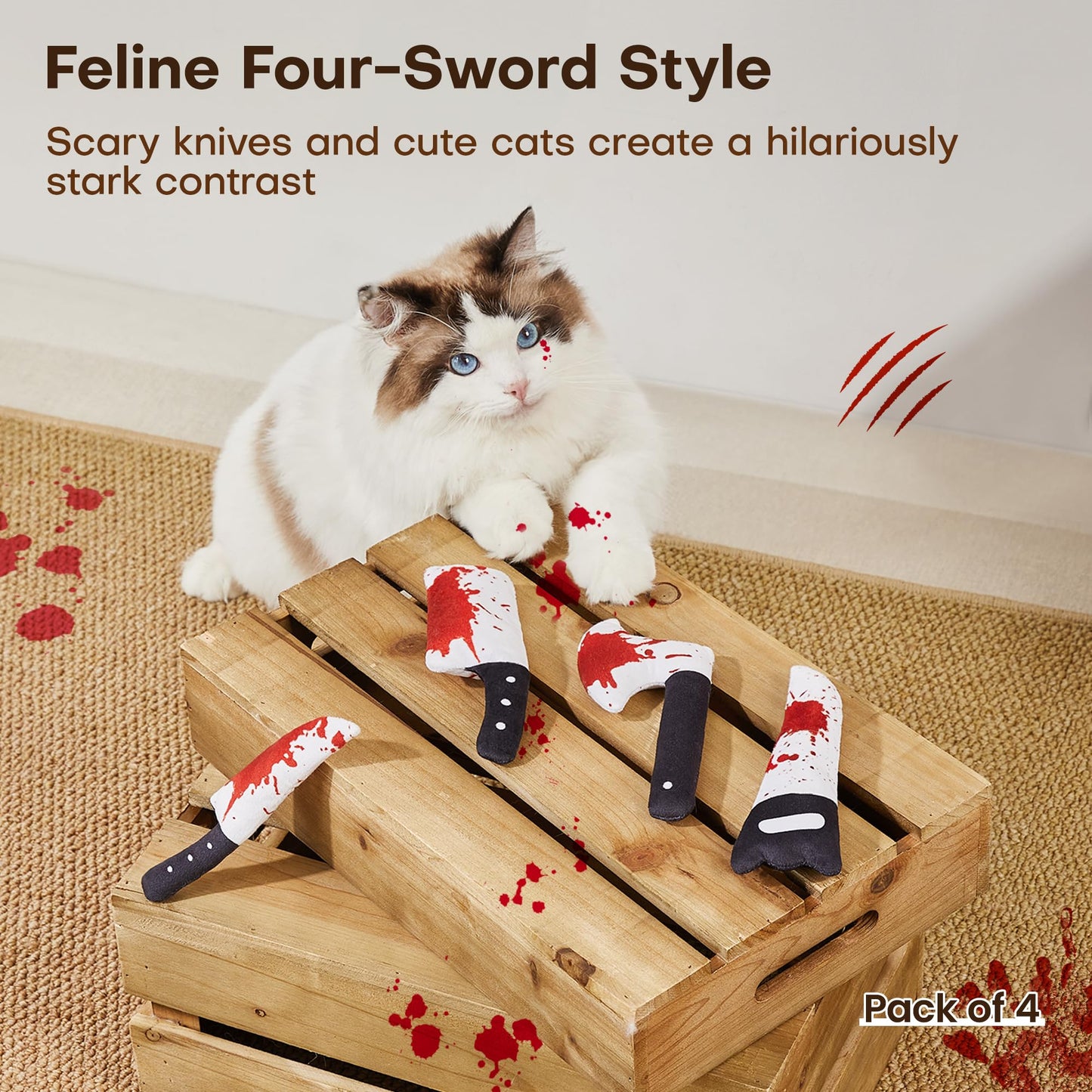 Potaroma 4Pcs Cat Toys, Horror Knife-Shaped Kitten Catnip Crinkly Sound Toys, Indoor Exercise for All Cat Breeds 6.5 Inches