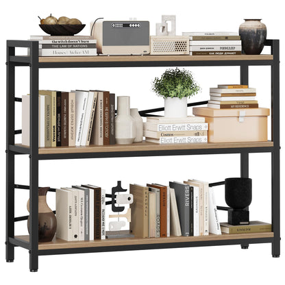 3 Tier Bookshelf 39.37" Width, Dorm Desk Hutch, Desk Shelf, Long Industrial Bookcase, Wooden Large Book Shelf for School Home Living Room Bedroom Office Storage(Light Coffee)