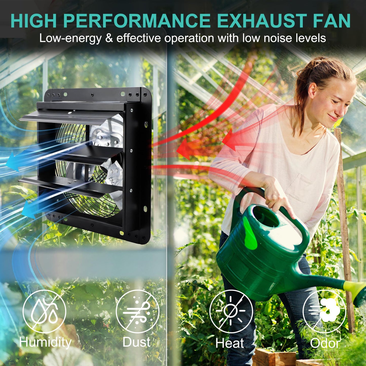 Hipoilk 14 Inch Shutter Exhaust Fan for Greenhouse, Shed, Garage, Barn, Chicken Coop Ventilation, 1088 CFM High Power Wall Mount Attic Fan with Speed Controller and Power Cord, Black