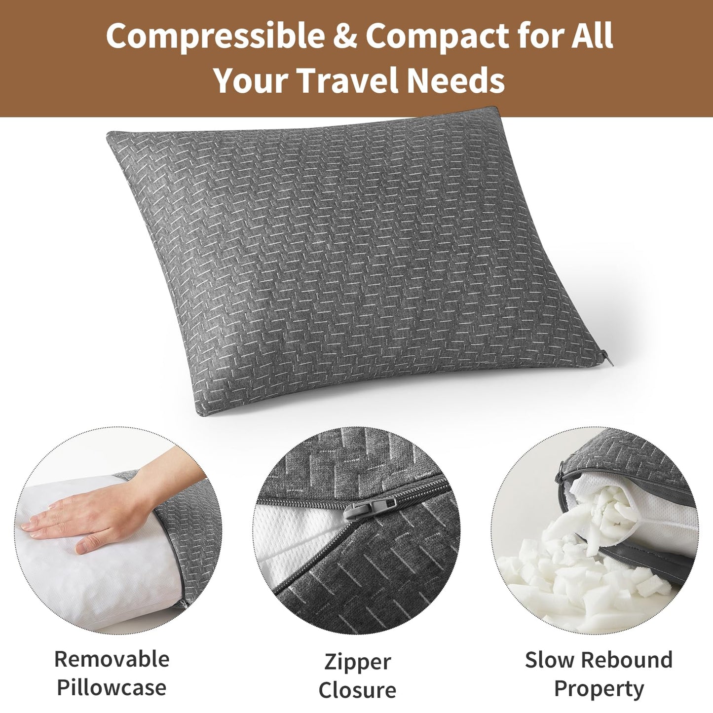 PEUJEW Small Shredded Memory Foam Pillow, Camping Pillow Travel Pillow - Compressible Medium Firm, Breathable Cover, Ideal Backpacking Hiking, Airplane and Car