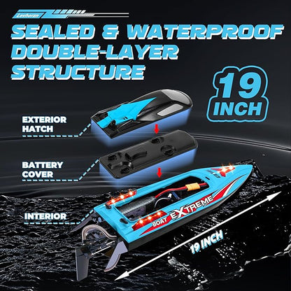 34+MPH Brushless RC Boat for Adults &amp Kids with 2 Rechargable Batteries- Large 19” Remote Control Boat Toy HJ816 Rc Speed Boats for Lakes &amp Rivers (Cyan)