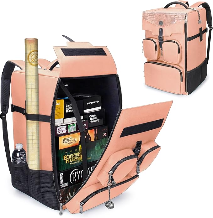 ENHANCE Collector's Edition Board Game Backpack - Reinforced Rigid Board Game Storage with Padded Shoulder Straps Carrying Handle and Accessories Pockets for Dice Cards More (Dragon Pink)