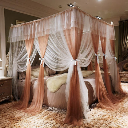 Joyreap Luxury 4 Corners Post Canopy Bed Curtains - Coral & White Cozy Drape Netting - Cute Princess Style Bedroom Decoration Accessories(Reddish Brown,86" W x 78" L, King)
