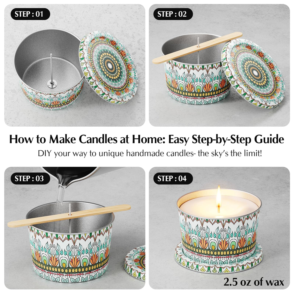 Happyhube Empty Candle Tins for Making Candles, 24 Pack 2.5 oz Metal Containers, Travel-Friendly Rust-Proof Tins with Lids, 24 Patterns Jars(Colourful)