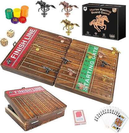 FUNNYB&ampG 21 inches Horse Race Board Game Foldable Large Horse Racing Game for Adults with 11 Metal Horses Solid Wood 60 Pcs Poker Chips 2 Dice 1 Pack of Cards for Family Tabletop Parties(Brown)