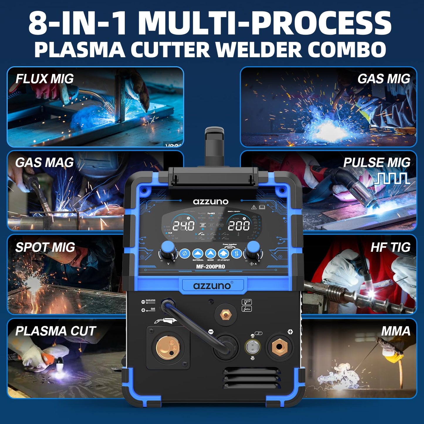 AZZUNO Plasma Cutter Welder Combo 200A, Gas MIG/PULSE MIG/MAG/Flux Gasless MIG/HF TIG/Stick/CUT/SPOT MIG 8 in 1 Multiprocess Welder Machine, 110/220V Dual Voltage Aluminum Welding Machine