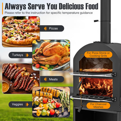LDAILY Outdoor Pizza Oven, Wood Fired Pizza Maker with Side Shelves, Cooking Grids, Cover, Pizza Stone & Peel, Patio Portable Pizza Stove for Backyard, Camping & Party, Black