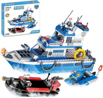 Police Boat Building Set 480 Pcs City Boat STEM Building Toy Including Kayaks and Police Speedboats Toy Christmas Birthday Gift for Kids Boys Girls 6 7 8 9 10+