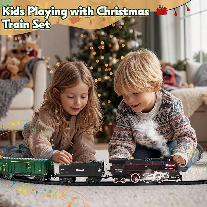 Christmas Electric Remote Control Train Set with Smoke Lights Sound Locomotive Cars and Remote Carriage 3 Smoke Outlets USB Rechargeable with Track Under Christmas Tree Gifts for Kids 3+