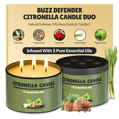 Buzz Defender 2-Pack 14oz Outdoor Citronella Candles | Highly Effective 100% Natural | 64h | Large Citronella Candles Outdoor, Ideal for The Backyard Porch, Patio and Camping | Extra Strong (Regular)