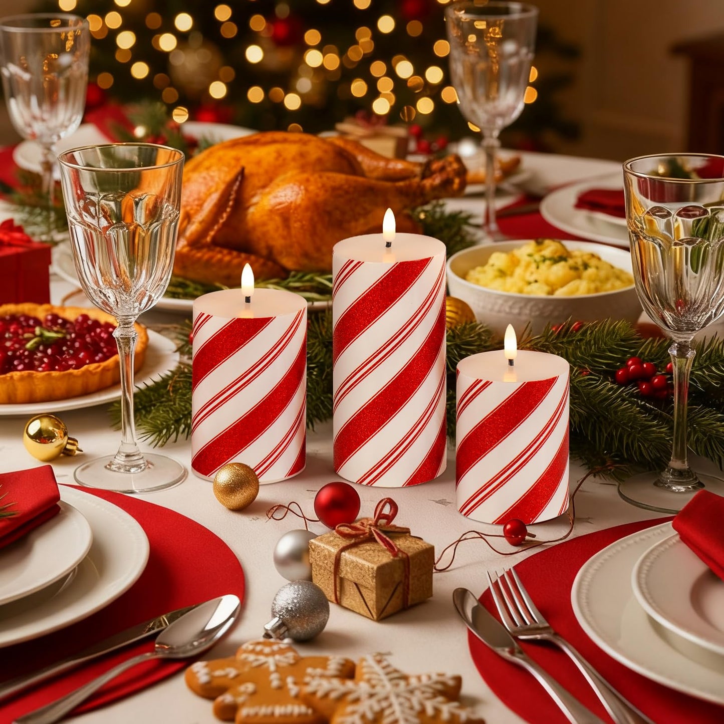Lumeavetra Christmas Glitter Red Stripes LED Flameless Candles, Battery Operated Real Wax Pillar Candles with Remote and Timer for Holiday Table Centerpieces Home Decorations, Set of 3