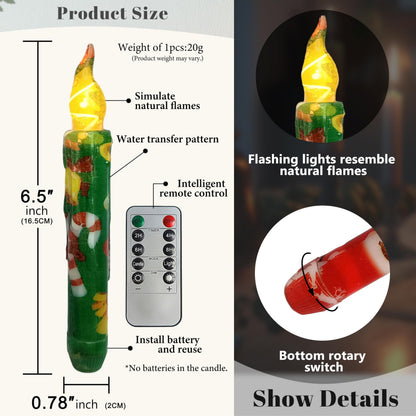 FCMSHAMD Christmas Flameless Short Taper Candles, Red Green LED Battery Operated with Remote, Flickering Flame Lights for Home Décor, 6.7 Inch Primitive Flameless Print Candles, 4PCS