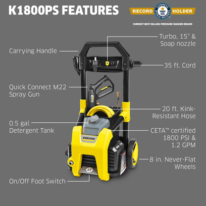 Kärcher Electric Pressure Washer K1800PS, CETA Certified, 3 Spray Nozzles, Detergent Tank, for Cars, Driveways, Siding, Patios, 1.2 GPM
