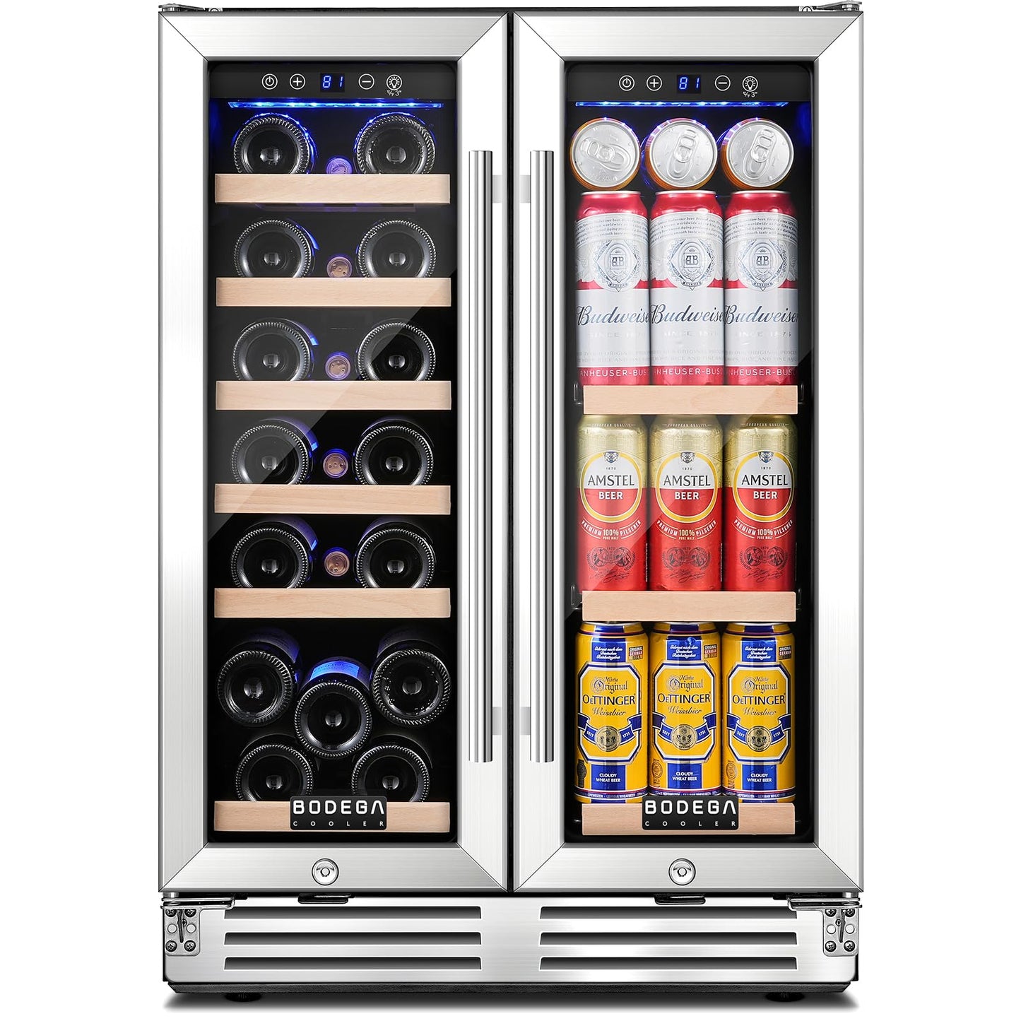 BODEGA COOLER Wine and Beverage Refrigerator, 24 Inch Dual Zone Wine Fridge, Holds 20 Bottles and 74 Count, French Doors, Under-counter or Freestanding Wine Cooler, Beverage Fridge with Tempered Glass