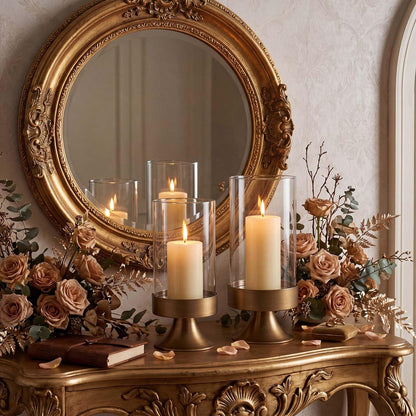 Gold Hurricane Candle Holder with Glass Cylinder Decorative Metal Pedestal Candlestick Holders for Pillar Candles Elegant Centerpiece for Dining Table Wedding Fireplace Mantel Living Room Home Decor