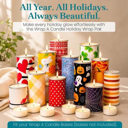 Wrap A Candle Holiday Wrap Pak – Dual-Sided Decorative Candle Wraps, 8 Holiday Designs, Reusable & Interchangeable, Year-Round Home Décor