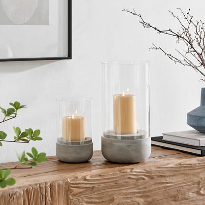 Danya B. Modern Cool Gray Cement Base and Glass Pillar Hurricane Candle Holder (Small)