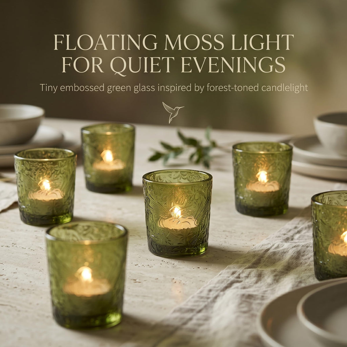 6 Pack Hummingbird Embossed Glass Candle Holders Votive Tealight Holders with Patent Design, Decorative Cups for Wedding Centerpieces, Parties, and Home Decor (Moss Green)
