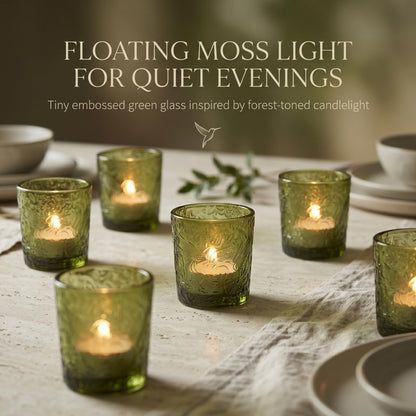 12 Pack Hummingbird Embossed Glass Candle Holders – Votive Tealight Holders with Patent Design, Decorative Embossed Glass Cups for Wedding Centerpieces, Parties, and Home Décor (Moss Green)