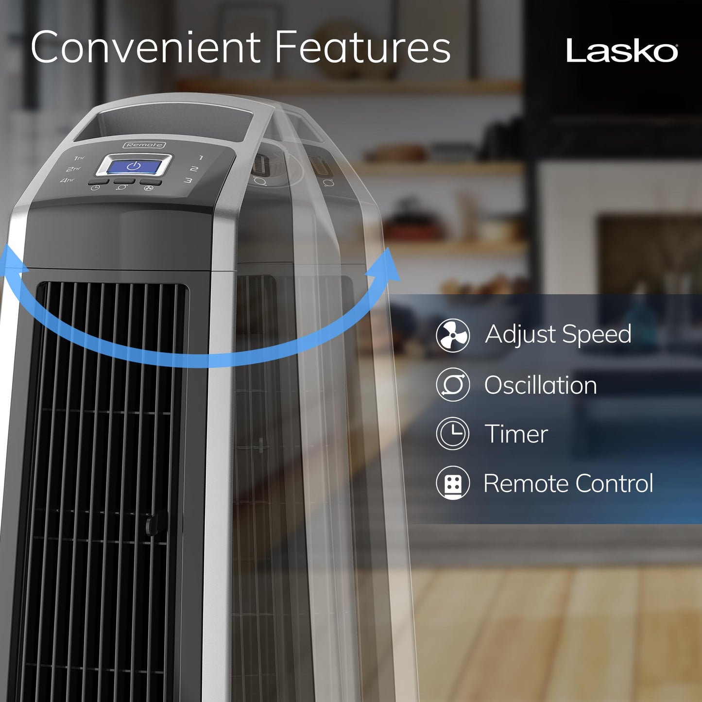 Lasko High Velocity Oscillating Tower Fan, 3 Powerful Speeds, Timer, Adjustable Directional Louvers, Remote Control, For Bedroom, Basement, Garage Use, Black/Silver, 35", U35120
