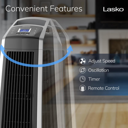 Lasko High Velocity Oscillating Tower Fan, 3 Powerful Speeds, Timer, Adjustable Directional Louvers, Remote Control, For Bedroom, Basement, Garage Use, Black/Silver, 35", U35120