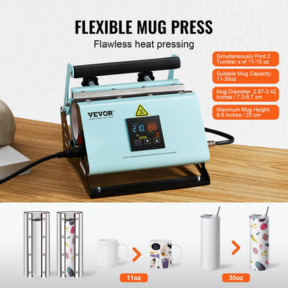 VEVOR 2 in 1 Tumbler and Hat Heat Press Machine, Mini Press for Caps, 11-30oz Sublimation Mugs, Temperature and Time Control, Green