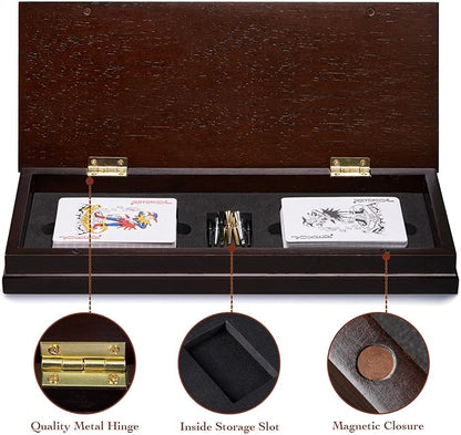 AMEROUS Wooden Cribbage Board Game Set with Magnetic Lock / 9 Metal Pegs / 2 Decks of Playing Cards/Larger Storage Area/Instruction Classic Tabletop Game for Family (3 Track Board)