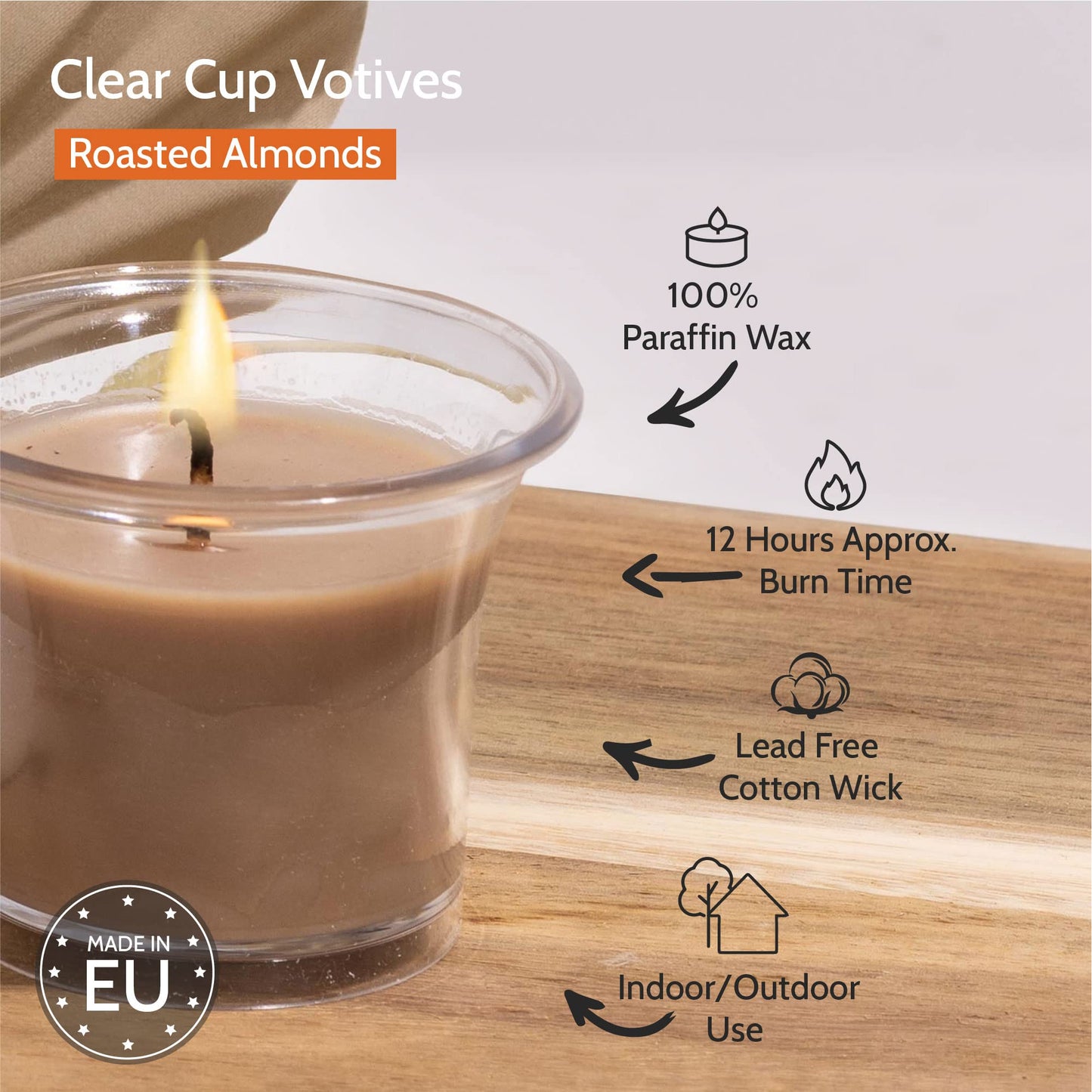 HYOOLA Clear Cup Scented Votive Candles - Roasted Almonds - 12 Hour Burn Time - 4 Pack - European Made