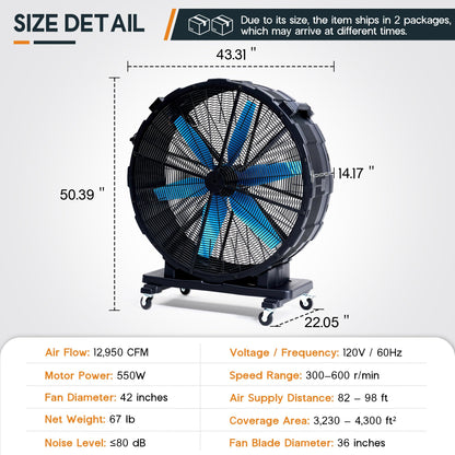 Albott 42 Inch Industrial Drum Fan, 750W High Velocity Plastic Floor Fan with Wheels and 3 Speeds, 17,660 CFM Strong Airflow for Commercial Space, Garage, Workshop, Warehouse, Factorie, and Basement