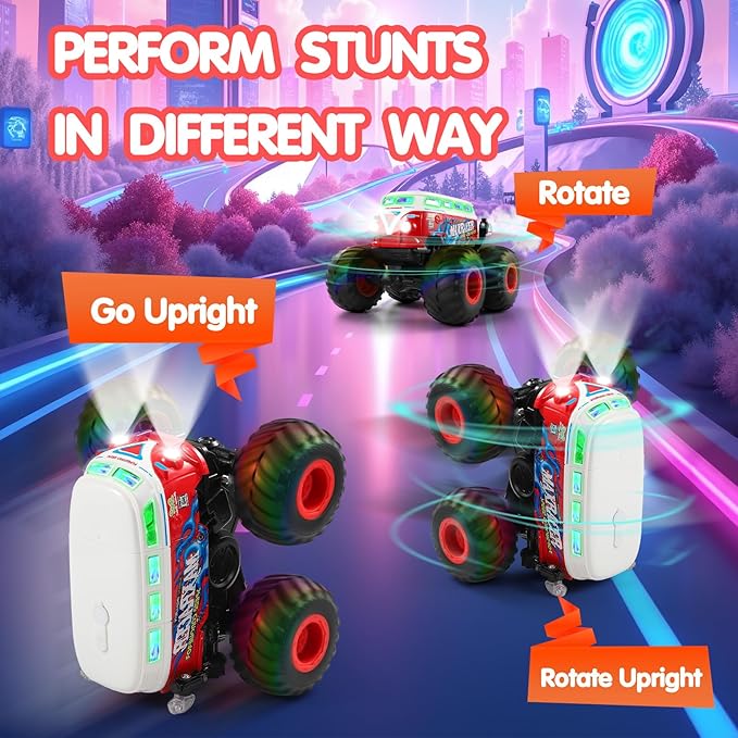 DYODYORC Remote Control Car 2.4Ghz RC Monster Truck Toys All Terrain RC Truck with Spray Music 3 Lighting Effects 360 Stunt Capable All Included Ready to Run Toy Gifts for Boys and Girl (Red)