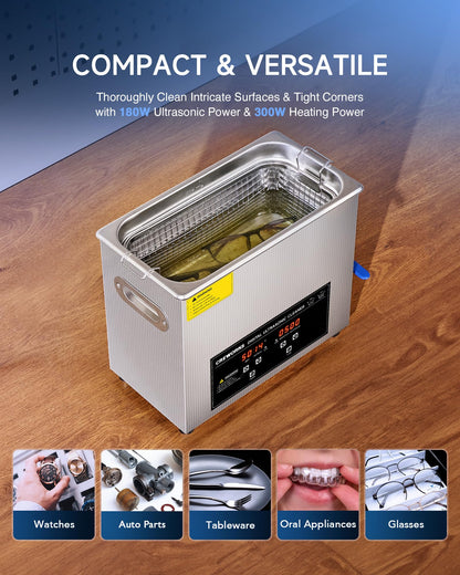 CREWORKS Ultrasound Cleaner with Heater and Timer, 1.6 gal Digital Sonic Cleaning Machine, 180W 6L Stainless Steel Jewelry Cleaner for Professional Tool Glasses Watch Retainer Denture Parts Cleaning