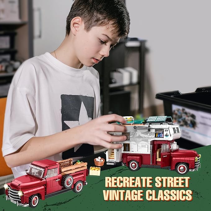 Car Building Block 2-in-1 Camper Van Building and Farm Pickup Truck Building Set Toy for Adult Retro Rvs Building Block Kit Set 2188pcs