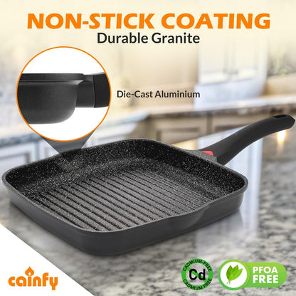 CAINFY 11 Inch Non Stick Grill Pan Granite Coated with Pour Spout - Lightweight 2.66 Quart Grill Pan for Indoor Cooking with Grip Handle - Induction Compatible PFOA Free Stove Top (Black)