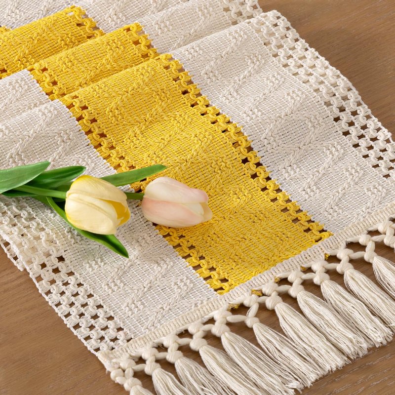 Socomi Boho Table Runner Easter Spring Farmhouse Rustic Dining Kitchen Centerpiece Decor Small Macrame Woven Cotton Coffee Table Runner for Dresser Scarf Home Decor 12x72 in Yellow Gold Ivory