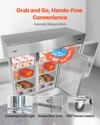 VEVOR Commercial Reach-In Freezer 85" W, 69 Cu.Ft Stainless Steel Upright Freezer with Three Doors, Auto-Defrost, 12 Adjustable Shelves, -11 to 14℉ Temp Control, ETL Certified