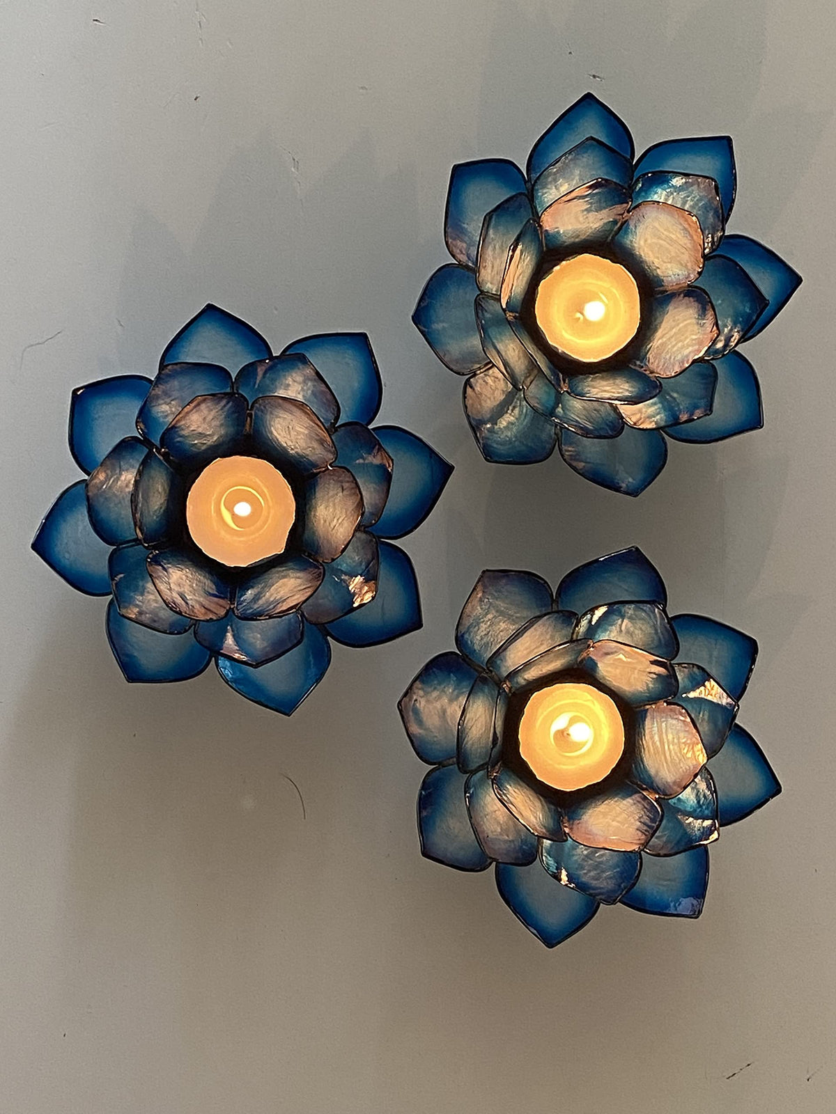 Om Gallery Capiz Shell Lotus Flower Decor Tealight Candle Holder for Serene Ambiance - Handmade Decorative Candle Holders for Meditation, Yoga, and Relaxation, Blue Lagoon