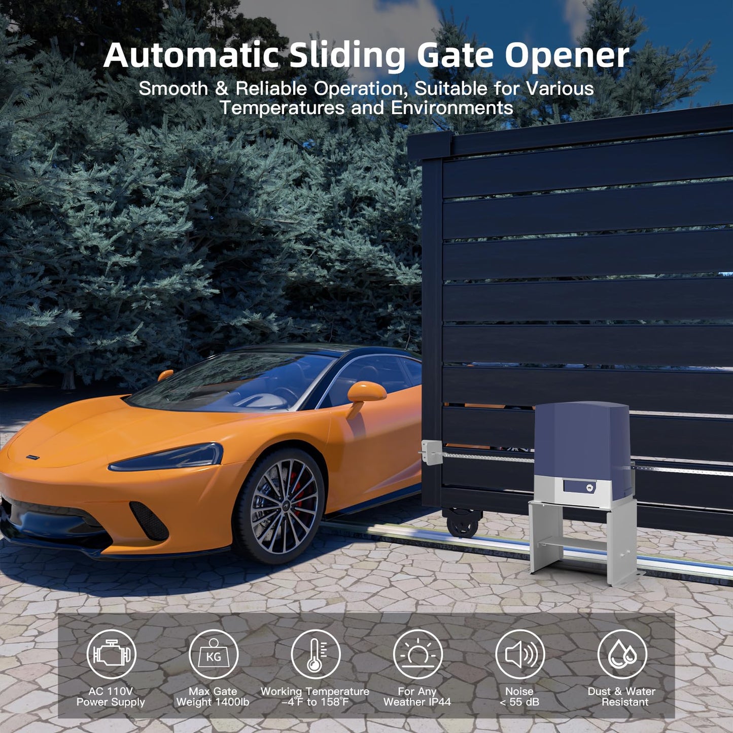 X X-HOUSE Chain Drive Driveway Sliding Gate Opener for Sliding Gates Up to 1400 lb or 40ft, Automatic Gate Opener with 2 Remote Controls, Complete & Security Gate Operating Hardware Kit - Model K1106