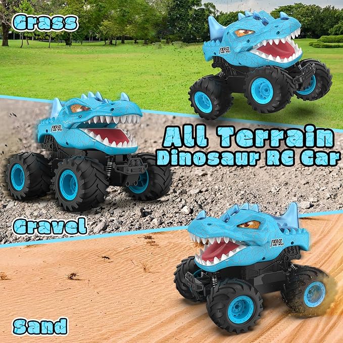 Dinosaur Remote Control Car 2.4GHz Monster Truck Toys Rechargeable RC Cars 1:24 Scale RC Truck with LED Light Movable Mouth Dinosaur Cars Toys for Kids Boys 6-8 8-12 Birthday Gift Blue