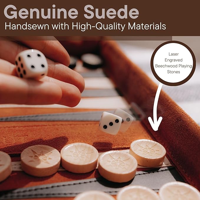 Sondergut Roll-up Portable Suede Deluxe Backgammon Game Set- Elegant Design Engraved Wood Stones Pop-Up Playing Field - Ideal for RV Travel Cruise Airplane Camping Backpacking Road Trips Etc.
