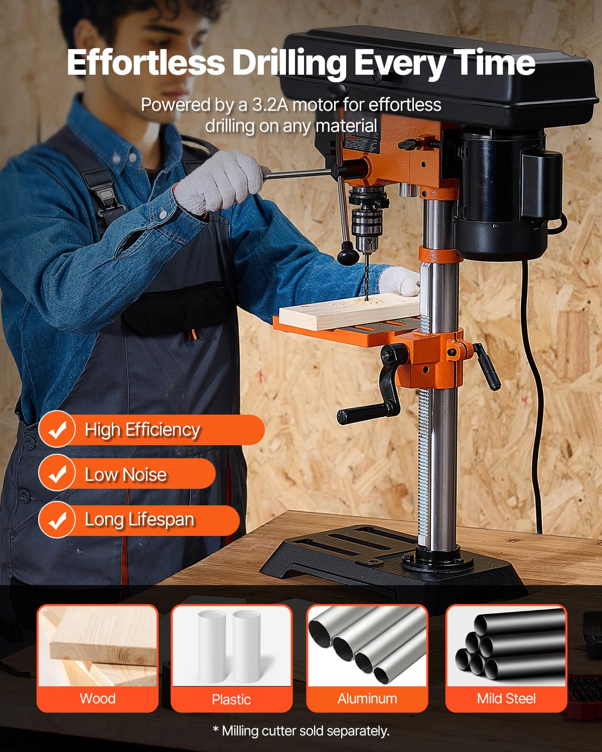 VEVOR Benchtop Drill Press, 3.2 Amp and 5-Speed Adjustable Drill Press with 10 in Swing, Cast Iron Frame, Worktable Tilts 0-45°, Ideal for Drilling Wood & Metal