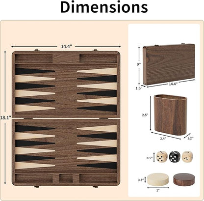 Luxury Walnut Backgammon Set - Wood Board with Travel Case Doubling Cube